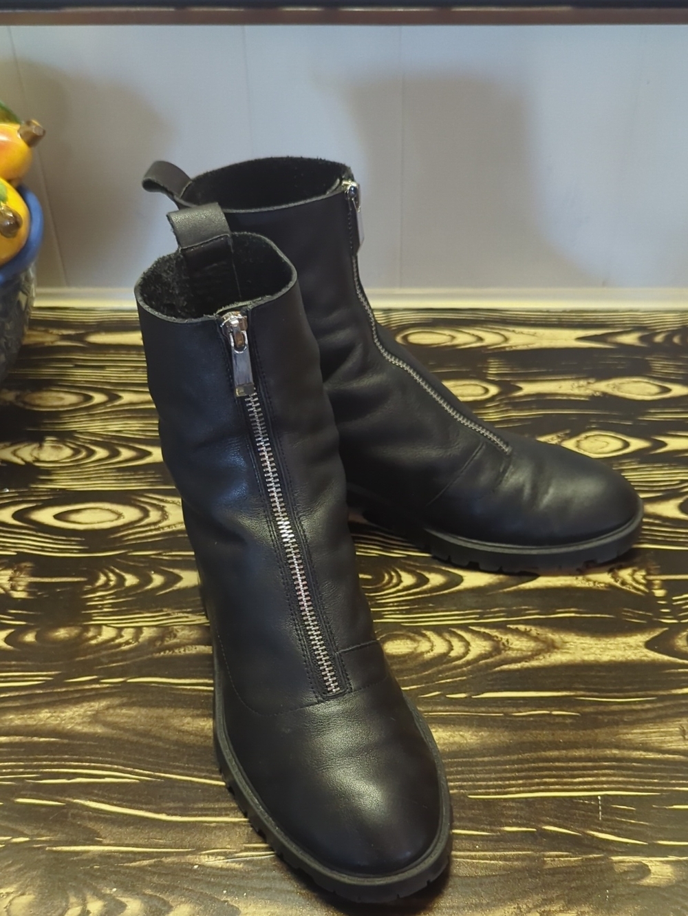 Zara Black Leather Front-Zip Heeled Ankle Boots